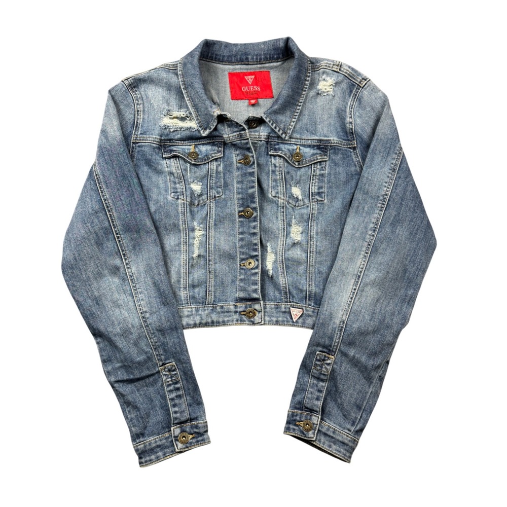 Y2K Guess Women XL Distressed Cropped Denim Trucker Jacket Medium Wash Blue Jean